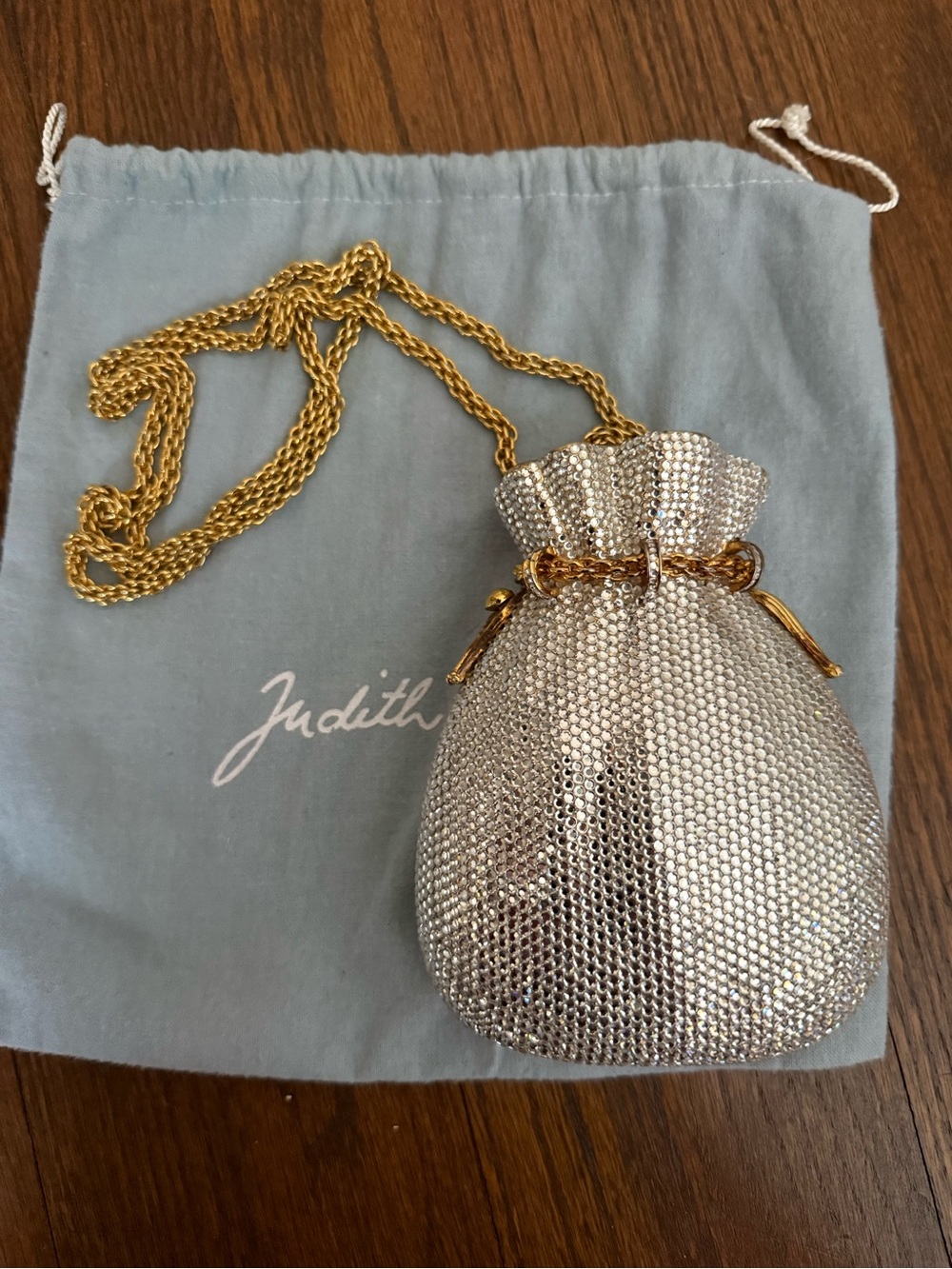 Judith Leiber Silver Crystal Drawstring Minaudière with Gold Chain Strap - Picture 2 of 8